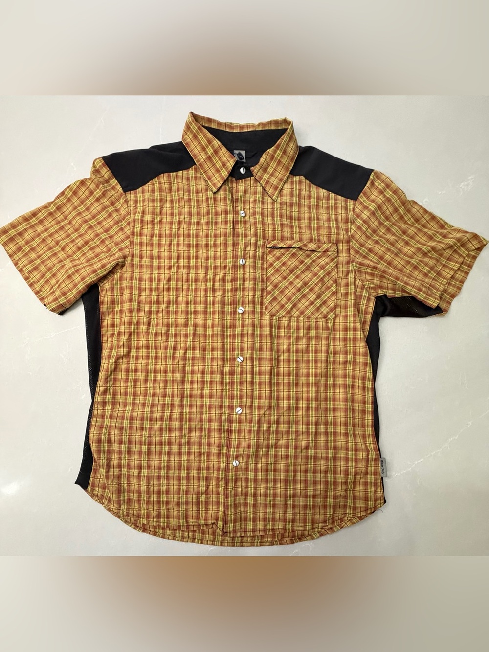 Club Ride Cycling Shirt Men Yellow Plaid Mesh Zip PearlSnap Vent Performance, L